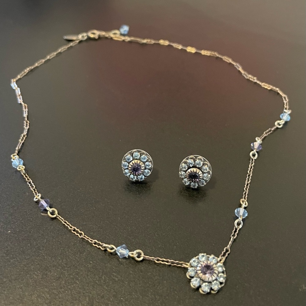 Liz Palacios, S.F. Antiqued silver necklace & earrings w/blue Swarovski crystals